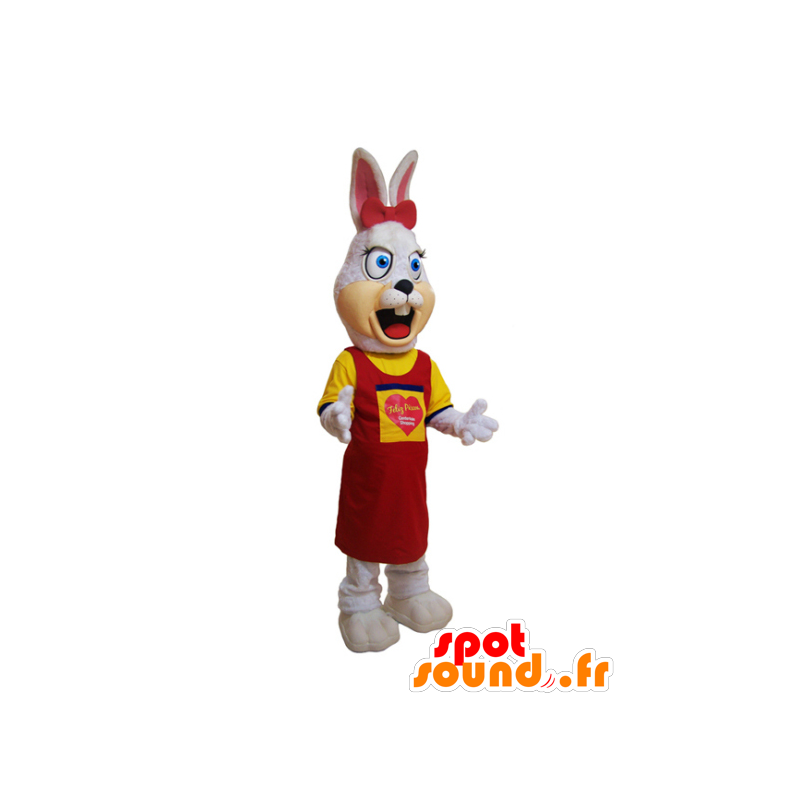 White bunny mascot, hairy, dressed in yellow and red - MASFR032190 - Rabbit mascot