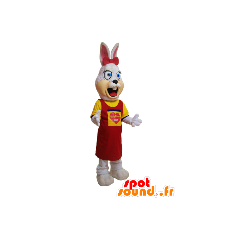 Vit kaninmaskot, hårig, klädd i gult och rött - Spotsound maskot