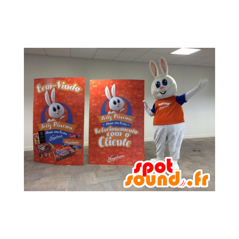 Mascotte coniglio bianco, carino e grassoccio, vestito di arancione - MASFR032191 - Mascotte coniglio