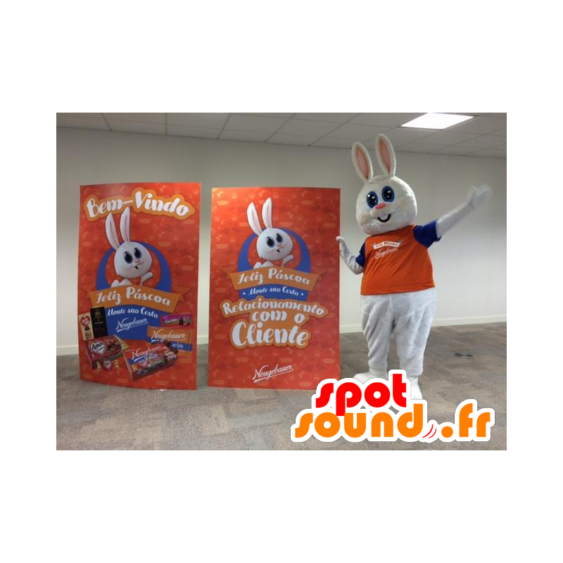 Mascotte de lapin blanc, dodu et mignon, habillé en orange - MASFR032191 - Mascotte de lapins