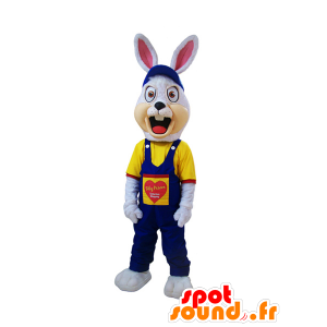 Hvid kanin maskot, vred, klædt i blå overall - Spotsound maskot