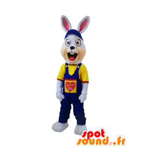 Wit konijntje mascotte, gespannen, gekleed in blauwe overalls - MASFR032192 - Mascot konijnen