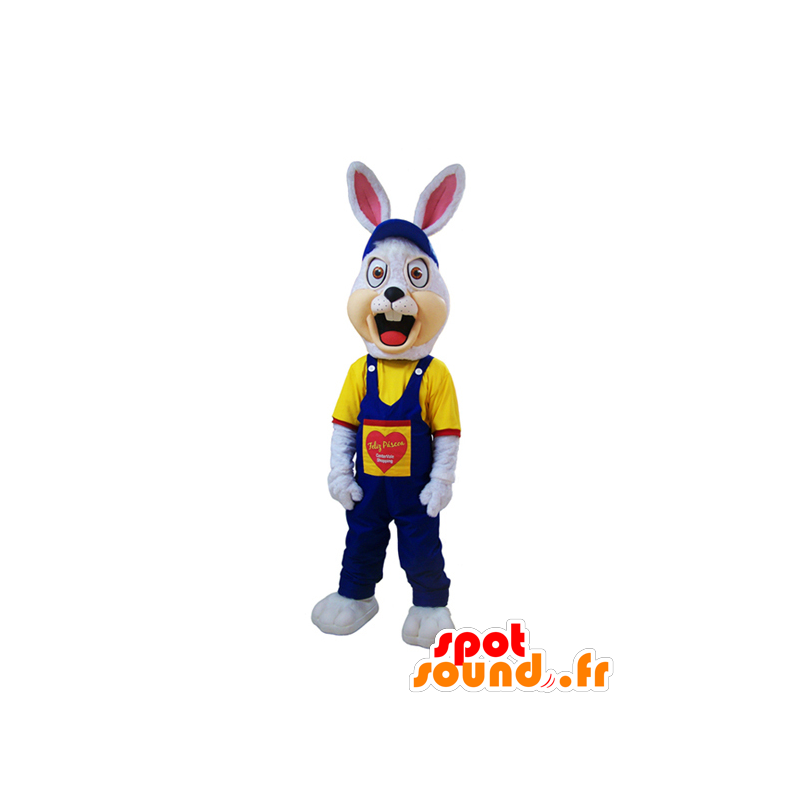 Weiße Hase Maskottchen, nervös, in blauen Overalls gekleidet - MASFR032192 - Hase Maskottchen