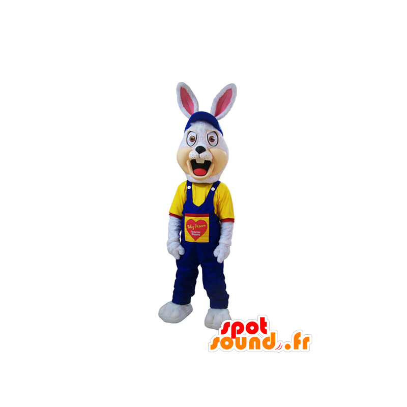Vit kaninmaskot, arg, klädd i blå overaller - Spotsound maskot