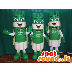 3 maskotar med gröna och vita limpinnar - Spotsound maskot