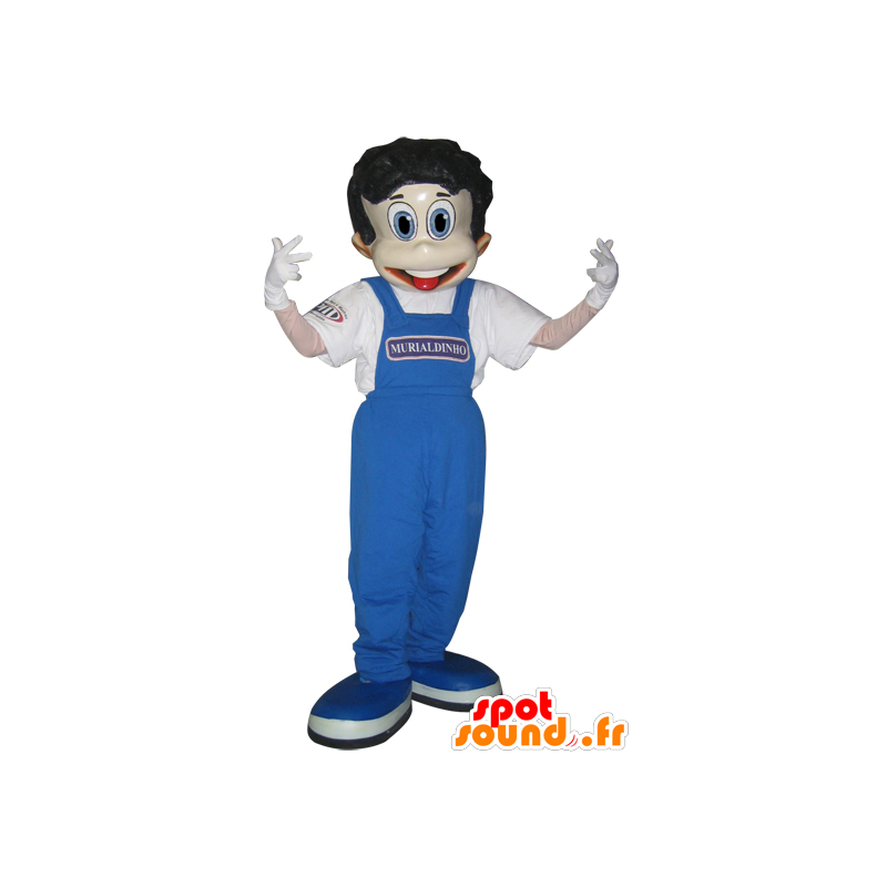 Drengemaskot klædt i blå overall - Spotsound maskot kostume