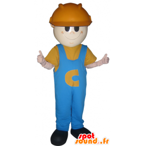 Mascotte d'ouvrier, d'homme avec un casque et un bleu de travail - MASFR032204 - Mascottes Homme