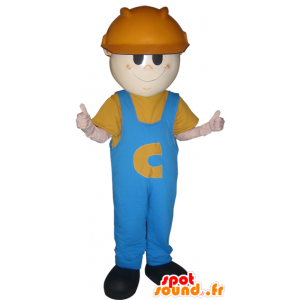 Mascote trabalhador, homem com fones de ouvido e um trabalho azul - MASFR032204 - Mascotes homem