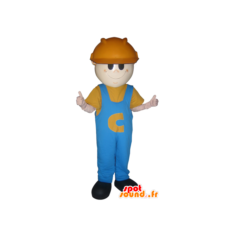 Mascote trabalhador, homem com fones de ouvido e um trabalho azul - MASFR032204 - Mascotes homem