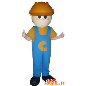 Mascotte d'ouvrier, d'homme avec un casque et un bleu de travail - MASFR032204 - Mascottes Homme