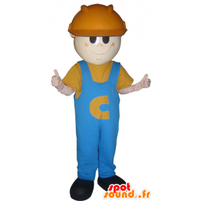 Mascote trabalhador, homem com fones de ouvido e um trabalho azul - MASFR032204 - Mascotes homem