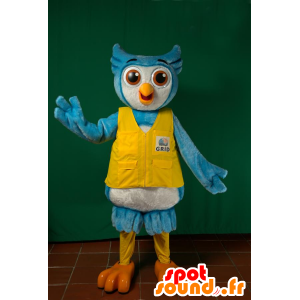 Blaue und weiße Eule Maskottchen mit einer gelben Weste - MASFR032211 - Maskottchen der Vögel