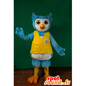 Blu e bianco gufo mascotte con un giubbotto di colore giallo - MASFR032211 - Mascotte degli uccelli