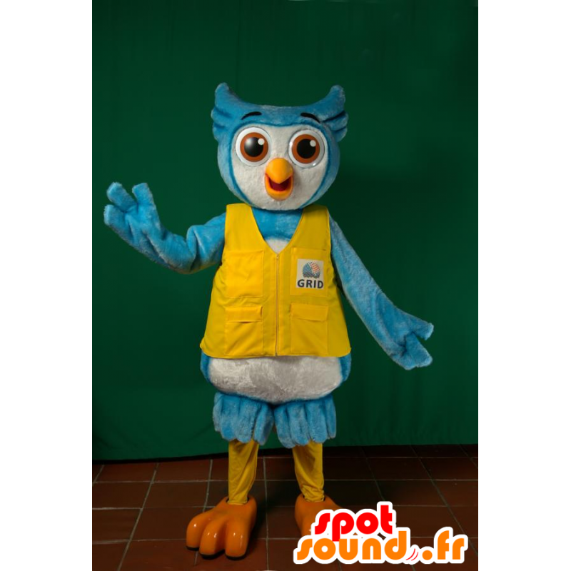 Azul y blanco de la mascota del búho con un chaleco amarillo - MASFR032211 - Mascota de aves