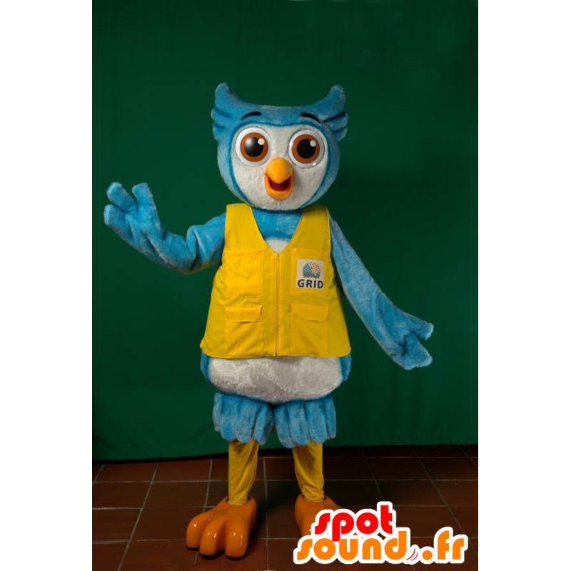 Blå og hvit Owl Mascot med en gul vest - MASFR032211 - Mascot fugler