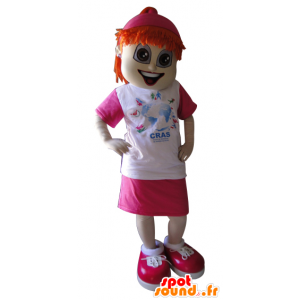Mascotte de fille rousse, habillée en rose et blanc - MASFR032214 - Mascottes Garçons et Filles