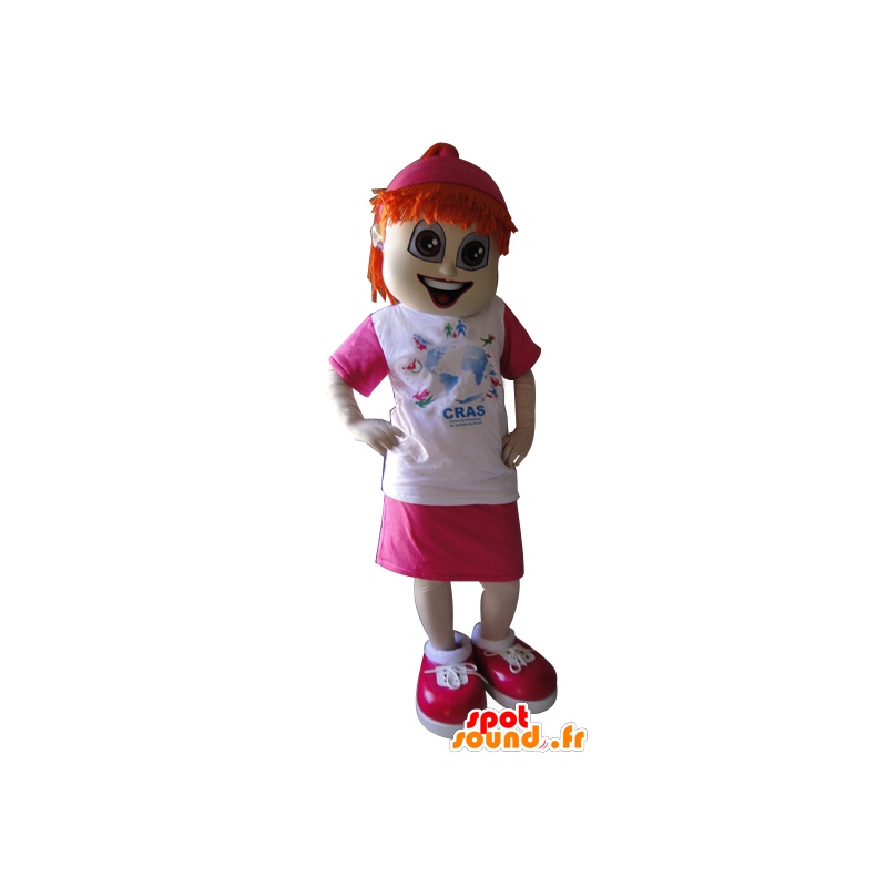 Mascotte de fille rousse, habillée en rose et blanc - MASFR032214 - Mascottes Garçons et Filles