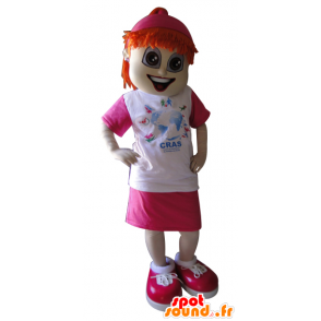 Mascotte de fille rousse, habillée en rose et blanc - MASFR032214 - Mascottes Garçons et Filles