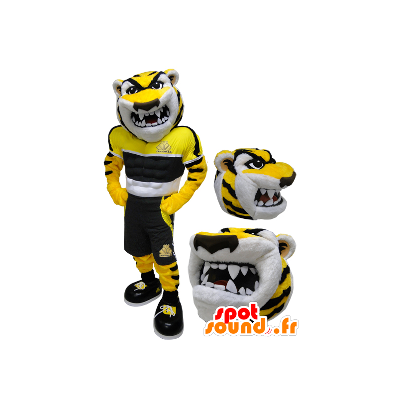 Gelbe Tiger-Maskottchen, schwarz und weiß, grimmig aussehende - MASFR032217 - Tiger Maskottchen