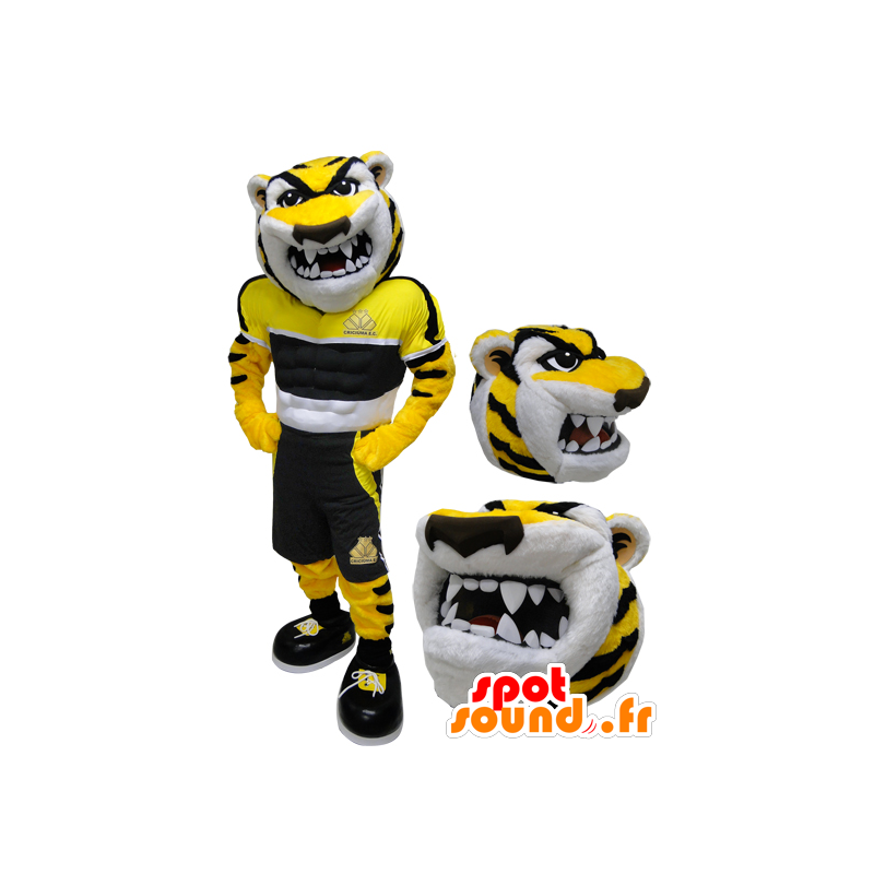 Mascotte de tigre jaune, noir et blanc, à l'air féroce - MASFR032217 - Mascottes Tigre