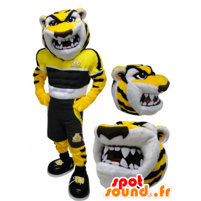 Mascotte de tigre jaune, noir et blanc, à l'air féroce - MASFR032217 - Mascottes Tigre