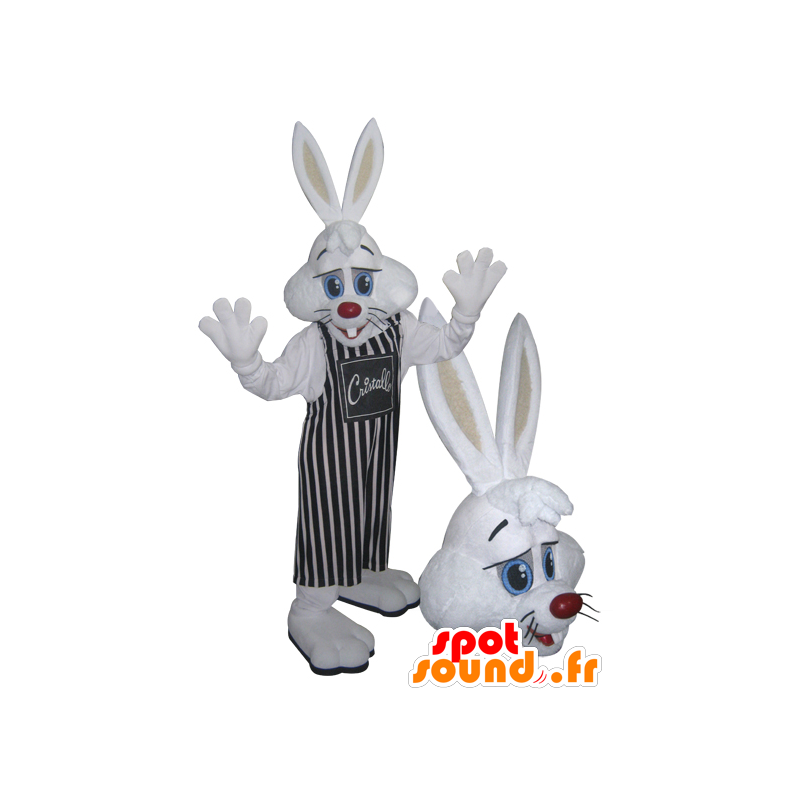 Mascotte de lapin blanc, avec un tablier à rayures - MASFR032218 - Mascotte de lapins