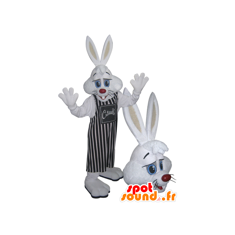 White Rabbit Maskottchen mit einem gestreiften Schürze - MASFR032218 - Hase Maskottchen