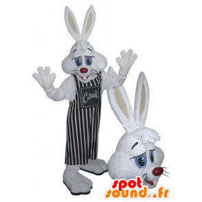 White Rabbit mascotte con un grembiule a righe - MASFR032218 - Mascotte coniglio