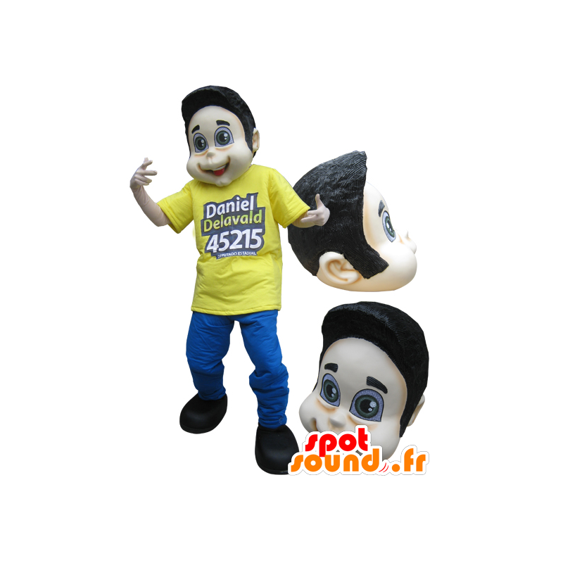 Mascotte de garçon, d'adolescent brun habillé en jaune et bleu - MASFR032227 - Mascottes Garçons et Filles