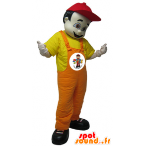 Mascot dunklen Mann im Overall. Hotelmaskottchen - MASFR032228 - Menschliche Maskottchen