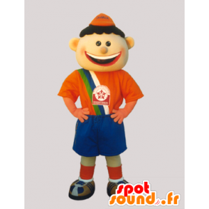 Chłopiec maskotka ubrana w pomarańczowe i niebieskie piłki nożnej - MASFR032231 - Maskotki Boys and Girls