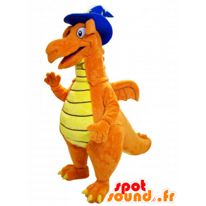 Orange och gul dinosaurie-maskot med en spetsig hatt -