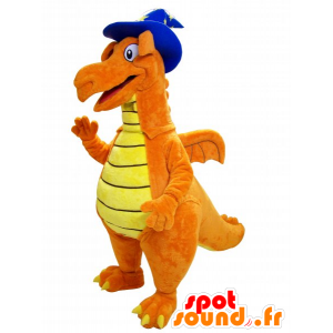 Orange og gul dinosaur-maskot med en spids hat - Spotsound