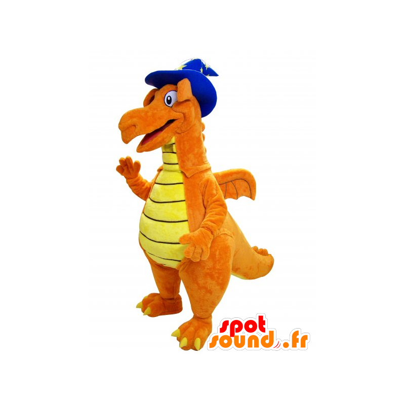 Mascote laranja e amarelo dinossauro com apontou Hat - MASFR032241 - Mascot Dinosaur