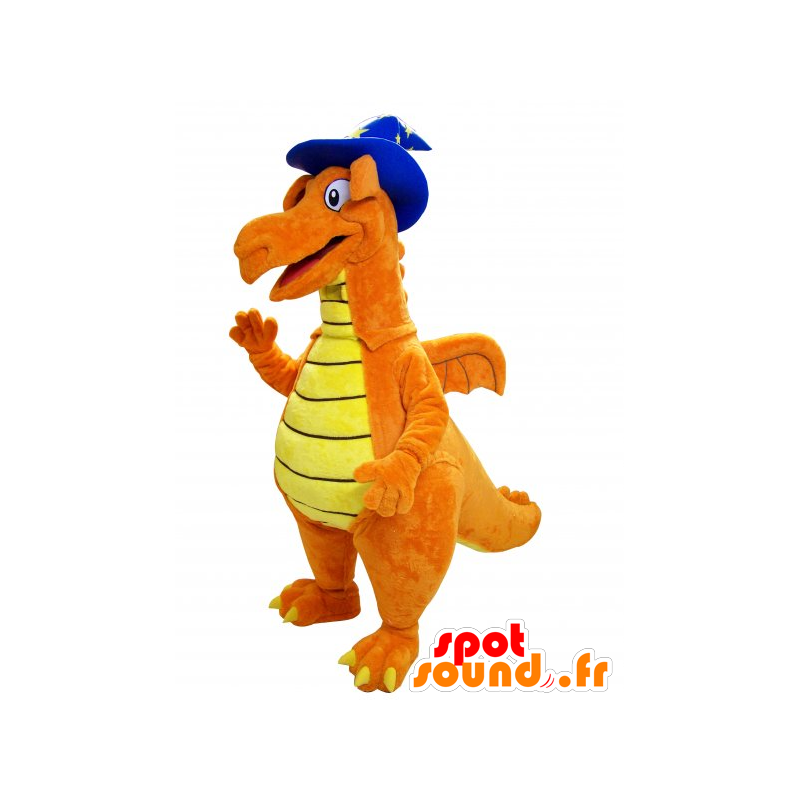 Oranssi ja keltainen dinosaurus maskotti huomautti Hat - MASFR032241 - Dinosaur Mascot
