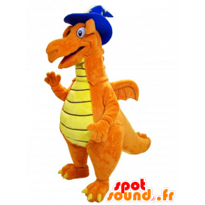 Oranssi ja keltainen dinosaurus maskotti huomautti Hat - MASFR032241 - Dinosaur Mascot