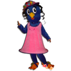Mascotte d'oiseau bleu et jaune habillé d'une robe rose - MASFR032244 - Mascotte d'oiseaux