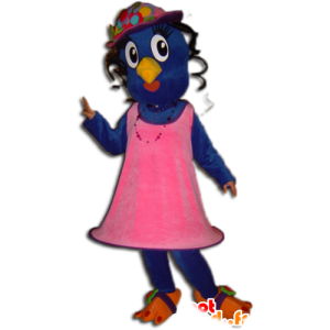 Bluebird maskot og gul kledd i en rosa kjole - MASFR032244 - Mascot fugler