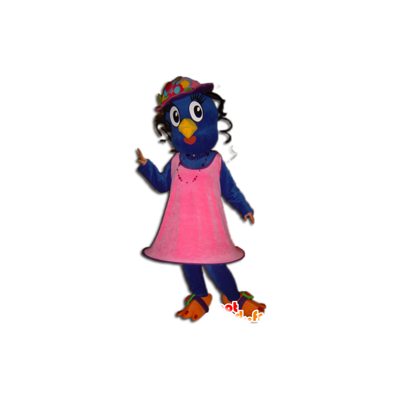 Bluebird maskot og gul kledd i en rosa kjole - MASFR032244 - Mascot fugler