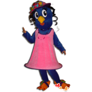 Mascotte d'oiseau bleu et jaune habillé d'une robe rose - MASFR032244 - Mascotte d'oiseaux