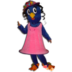 Bluebird maskot og gul kledd i en rosa kjole - MASFR032244 - Mascot fugler