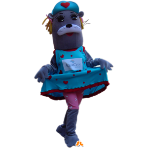 Mascotte d'otarie grise, féminine habillée d'une tenue colorée - MASFR032245 - Mascottes Phoque