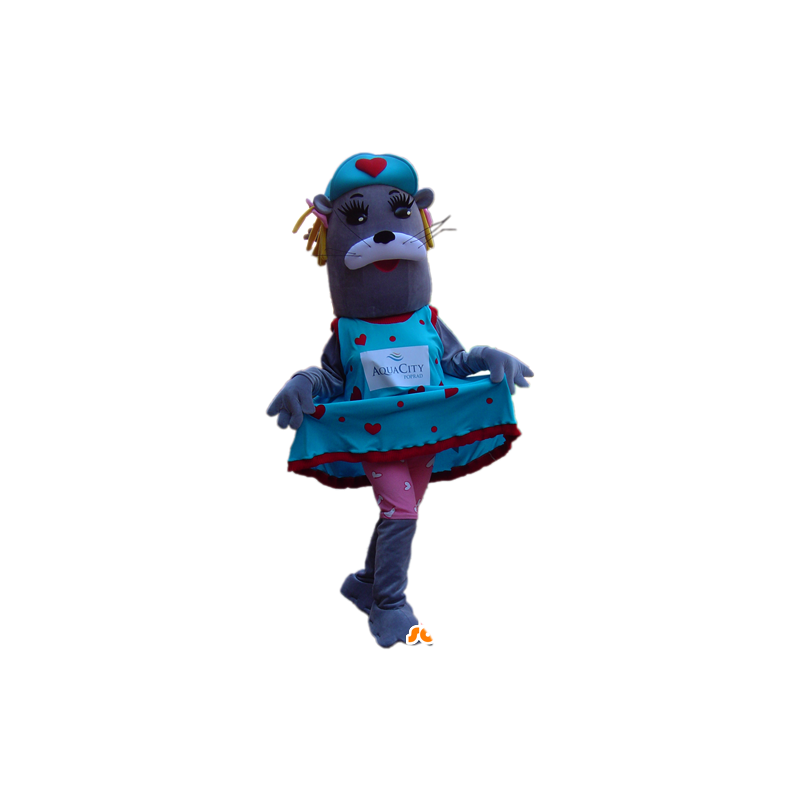 Mascot cinza leão de mar, fêmea que veste uma roupa colorida - MASFR032245 - mascotes Seal