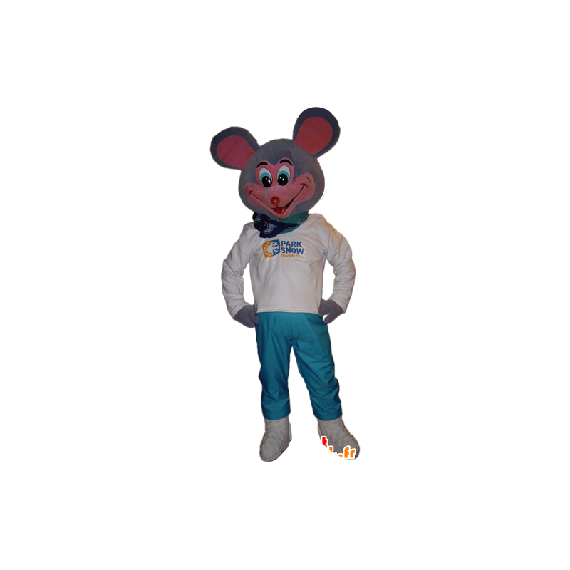 Mascotte de souris grise et rose, très rigolote - MASFR032249 - Mascotte de souris