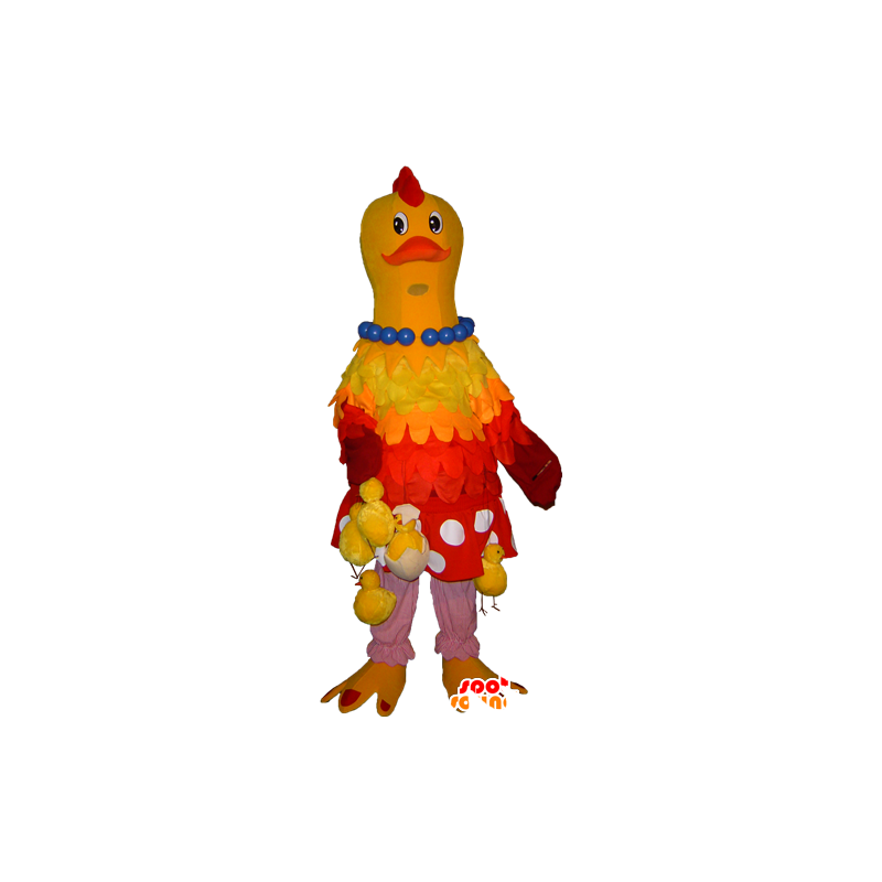 Giallo e rosso mascotte pollo appeso con i pulcini - MASFR032254 - Mascotte di galline pollo gallo