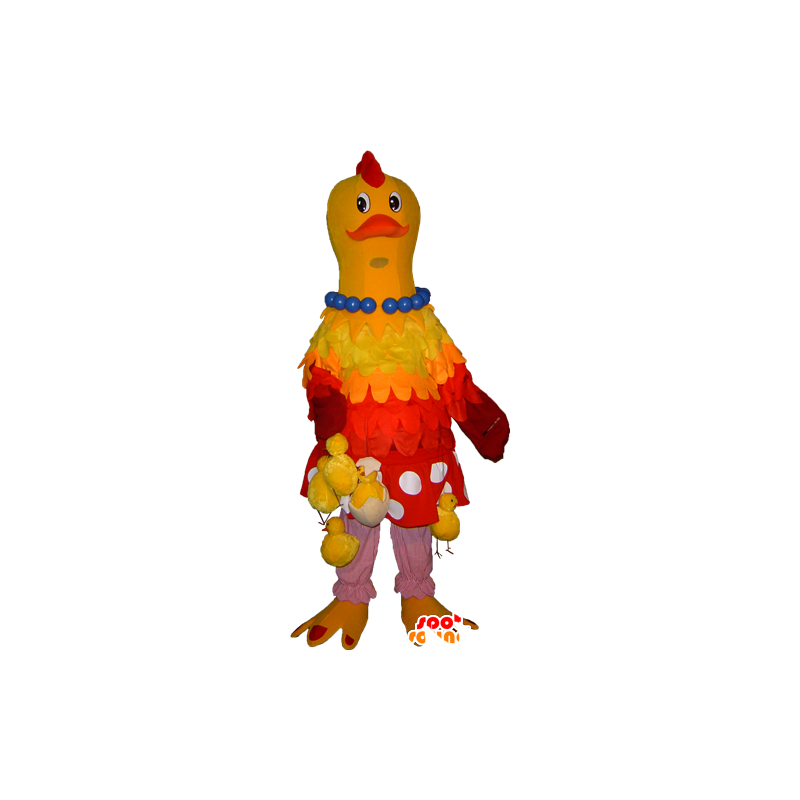 Mascotte de poule jaune et rouge avec des poussins accrochés - MASFR032254 - Mascotte de Poules - Coqs - Poulets