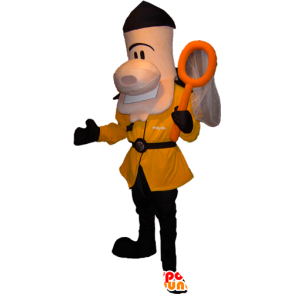 Mascot homem vestido com vestido preto e amarelo com uma rede - MASFR032256 - Mascotes homem