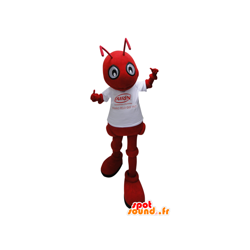 Rød myre maskot med en hvid t-shirt - Spotsound maskot kostume