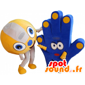 2 Maskottchen von Fans, einen Ball und eine Hand von Unterstützung - MASFR032268 - Sport-Maskottchen