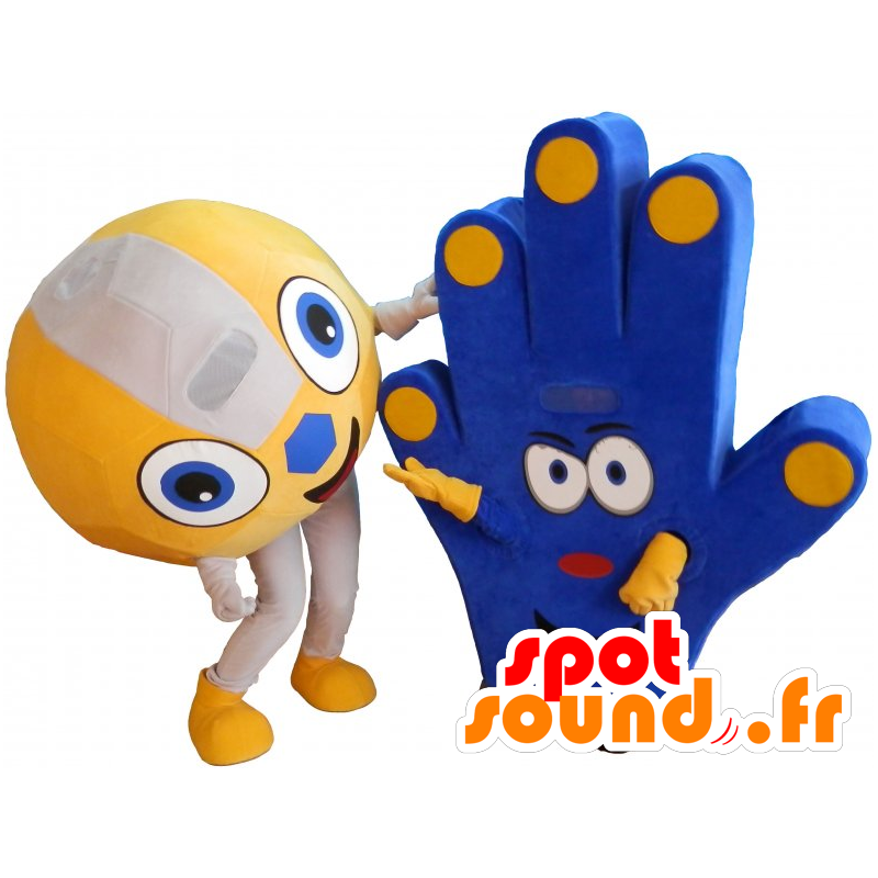 2 Maskottchen von Fans, einen Ball und eine Hand von Unterstützung - MASFR032268 - Sport-Maskottchen